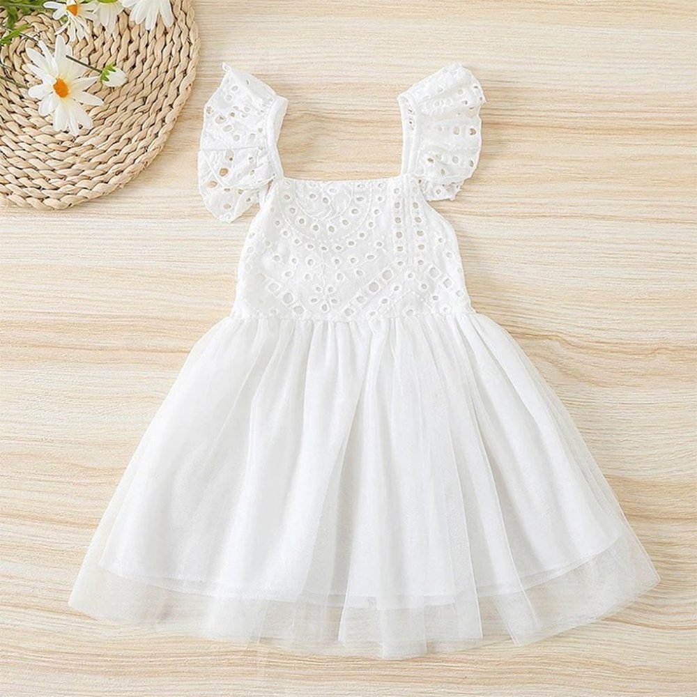 White Embroidered Eyelet Tulle Dress Little Girl Ruffle Crisscross Dress - Picture 1 of 5
